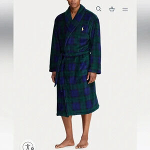 NWT Polo Ralph Lauren Plush Microfiber Robe blue and green plaid Lg/XL MSRP $120